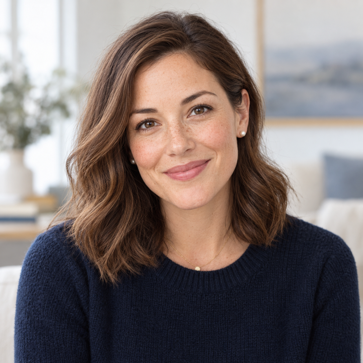 Clara Bennett, smiling, in a navy sweater and pearl stud earrings