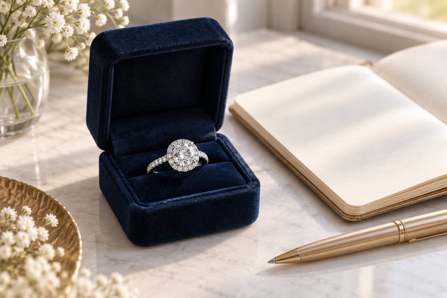 Round halo engagement ring in a navy velvet box beside an open notebook and gold pen
